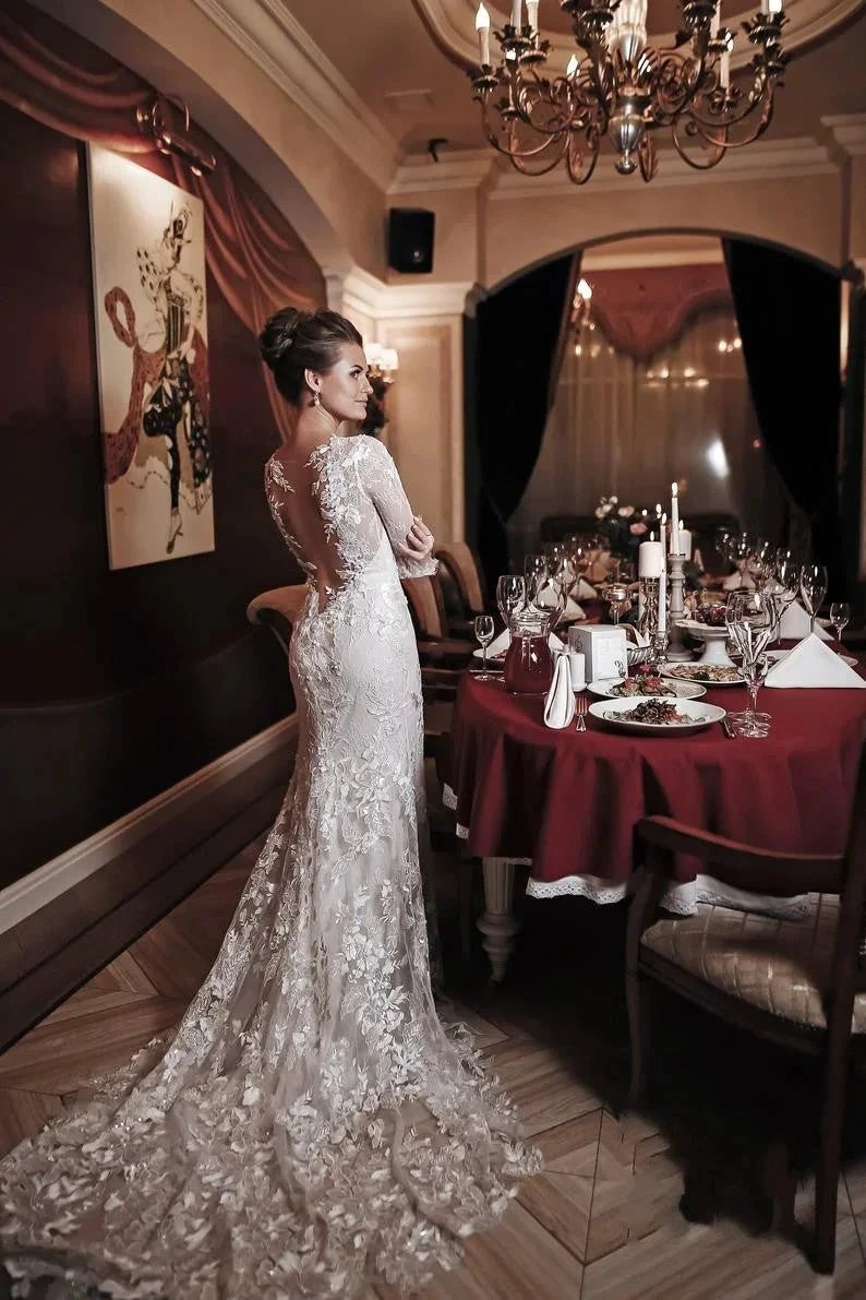 Long Mermaid High Neck Appliques Lace Backless Wedding Dress with Sleeves (ZD15063)