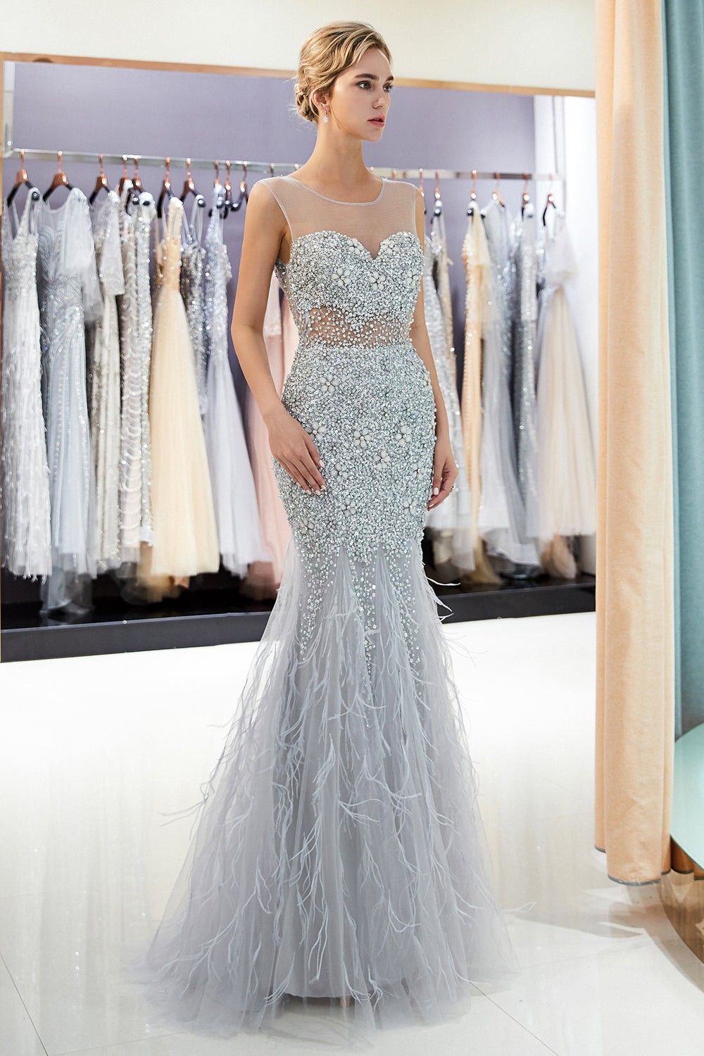 Long Mermaid Jewel Crystal Sqeuined Tulle Evening Dresses - View 5 | VelvetHem