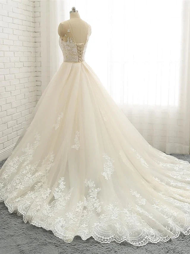 Long Mermaid Jewel Neck Chapel Train Tulle Lace Wedding Dresses (ZD15942)