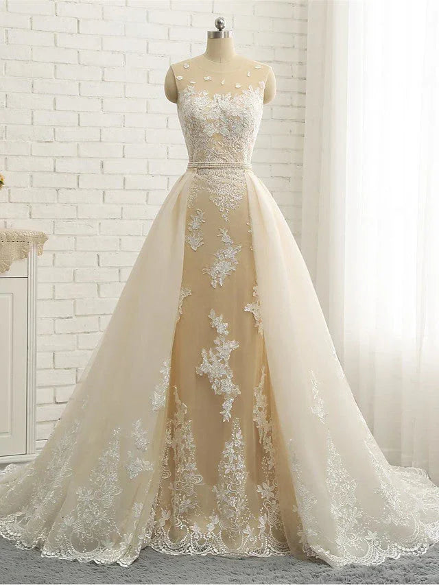 Long Mermaid Jewel Neck Chapel Train Tulle Lace Wedding Dresses (ZD15942)