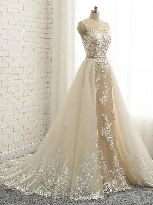Long Mermaid Jewel Neck Chapel Train Tulle Lace Wedding Dresses (ZD15942) - View 4 | VelvetHem