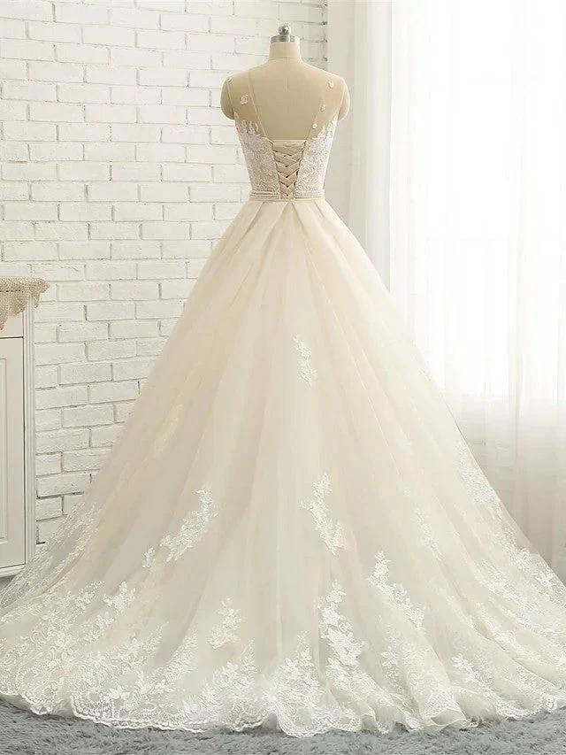 Long Mermaid Jewel Neck Chapel Train Tulle Lace Wedding Dresses (ZD15942) - View 5 | VelvetHem