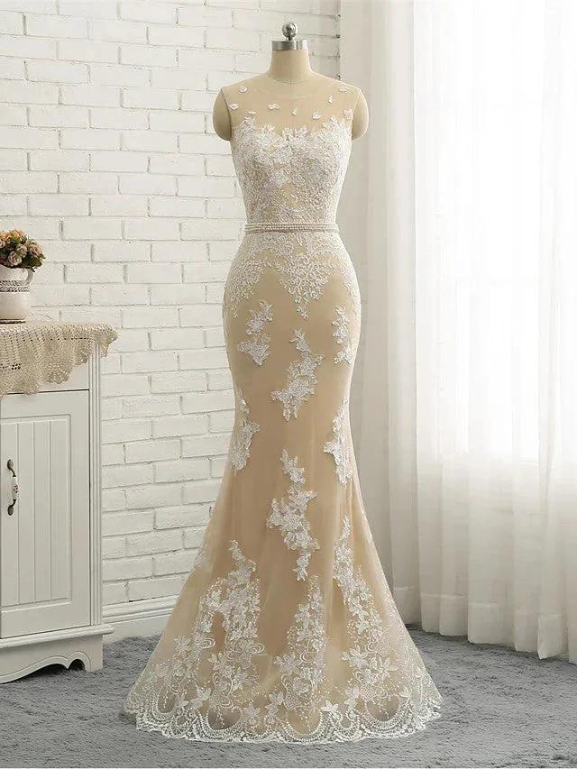 Long Mermaid Jewel Neck Chapel Train Tulle Lace Wedding Dresses (ZD15942) - View 6 | VelvetHem