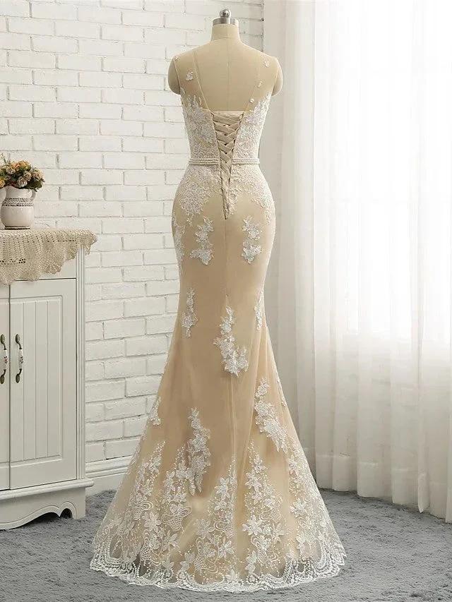 Long Mermaid Jewel Neck Chapel Train Tulle Lace Wedding Dresses (ZD15942)