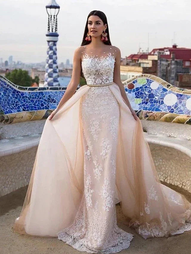 Long Mermaid Jewel Neck Chapel Train Tulle Lace Wedding Dresses (ZD15942)