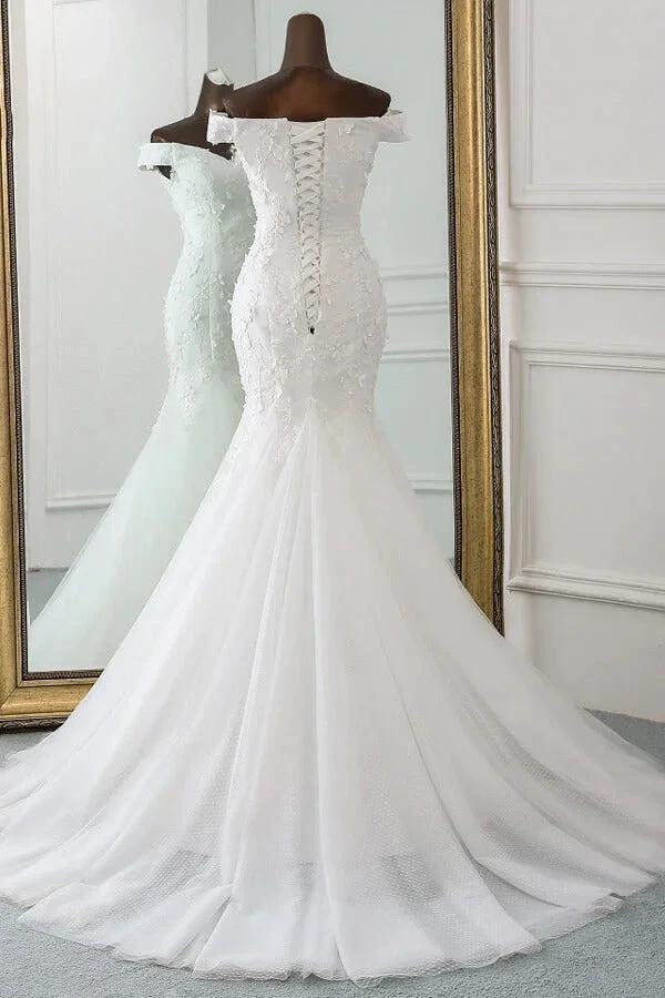 Long Mermaid Off Shoulder Lace-up Applique Lace Wedding Dress (ZD14414)
