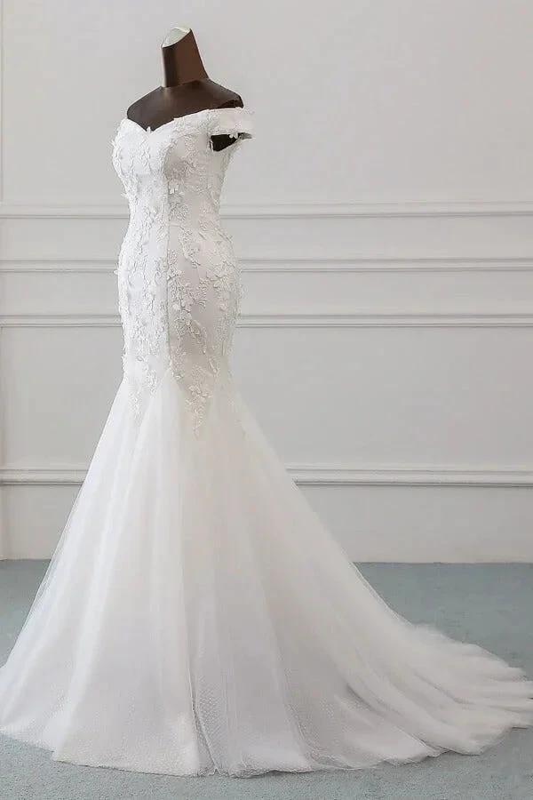 Long Mermaid Off Shoulder Lace-up Applique Lace Wedding Dress (ZD14414) - View 3 | VelvetHem