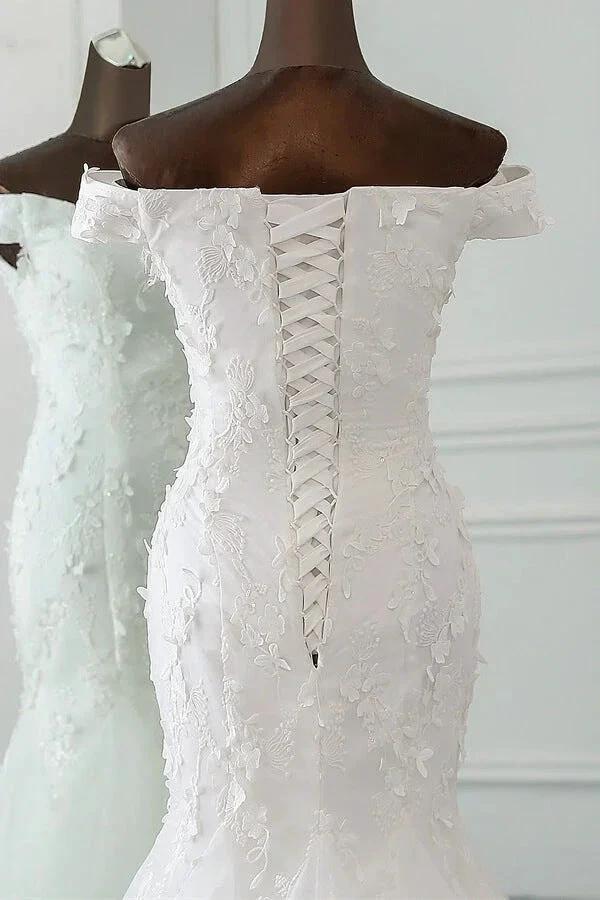 Long Mermaid Off Shoulder Lace-up Applique Lace Wedding Dress (ZD14414) - View 5 | VelvetHem