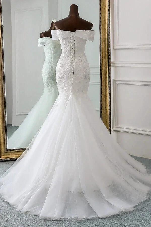 Long Mermaid Off the Shoulder Appliques Lace Tulle Wedding Dress (ZD15801)