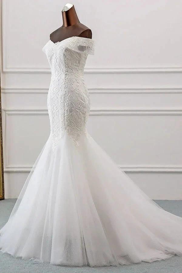 Long Mermaid Off the Shoulder Appliques Lace Tulle Wedding Dress (ZD15801)