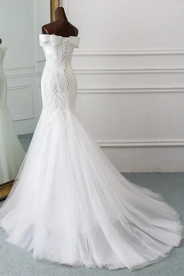 Long Mermaid Off the Shoulder Appliques Lace Tulle Wedding Dress (ZD15801)