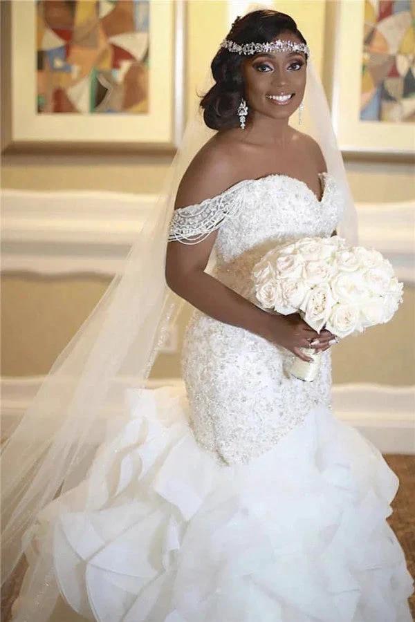 Long Mermaid Off The Shoulder Appliques Lace Wedding Dress (ZD15983) - View 2 | VelvetHem
