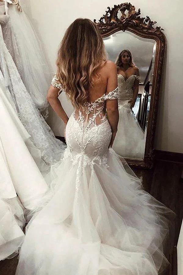 Long Mermaid Off the Shoulder Lace Backless Wedding Dresses (ZD15987)