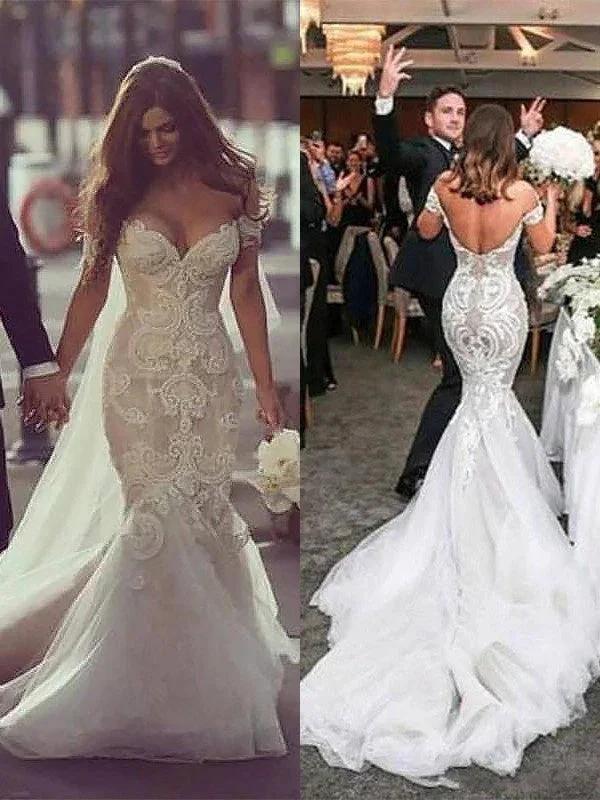 Long Mermaid Off-the-Shoulder Tulle Lace Wedding Dresses (ZD15988)