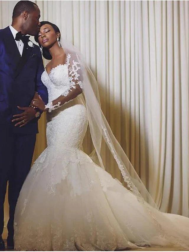 Long Mermaid Scoop Neck Court Train Organza Wedding Dresses with Sleeves (ZD15950)