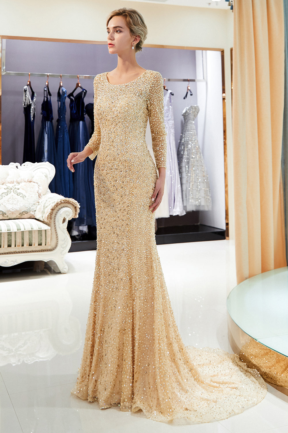 Long Mermaid Sequins Formal Evening Dresses with Sleeves - View 12 | VelvetHem