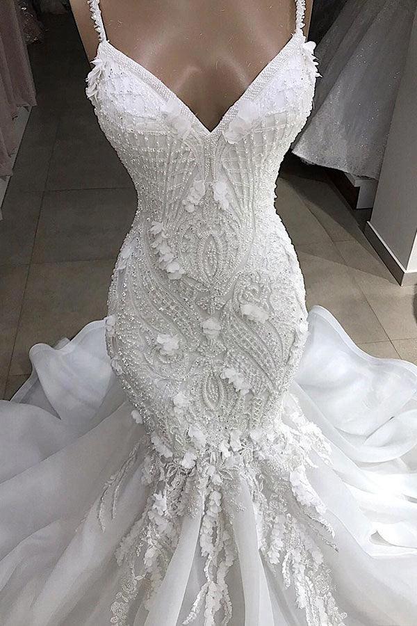 Long Mermaid Spaghetti Strap Appliques Lace Wedding Dress (ZD15798)