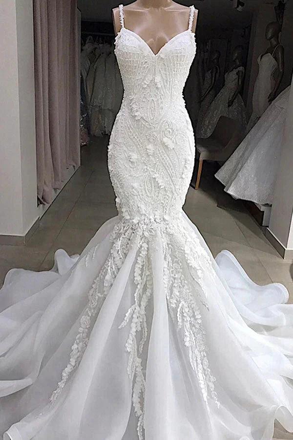 Long Mermaid Spaghetti Strap Appliques Lace Wedding Dress (ZD15798)