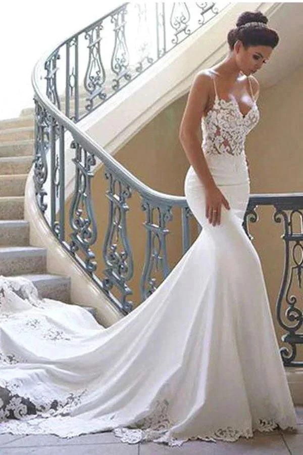 Long Mermaid Spaghetti Strap Lace Backless Wedding Dress (ZD16692)