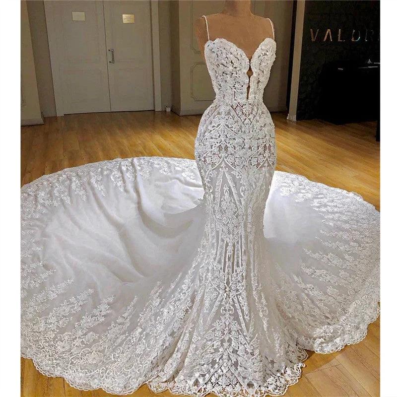 Long Mermaid Spaghetti Straps Appliques Lace Wedding Dress With Cathedral Train (ZD14327) - View 2 | VelvetHem