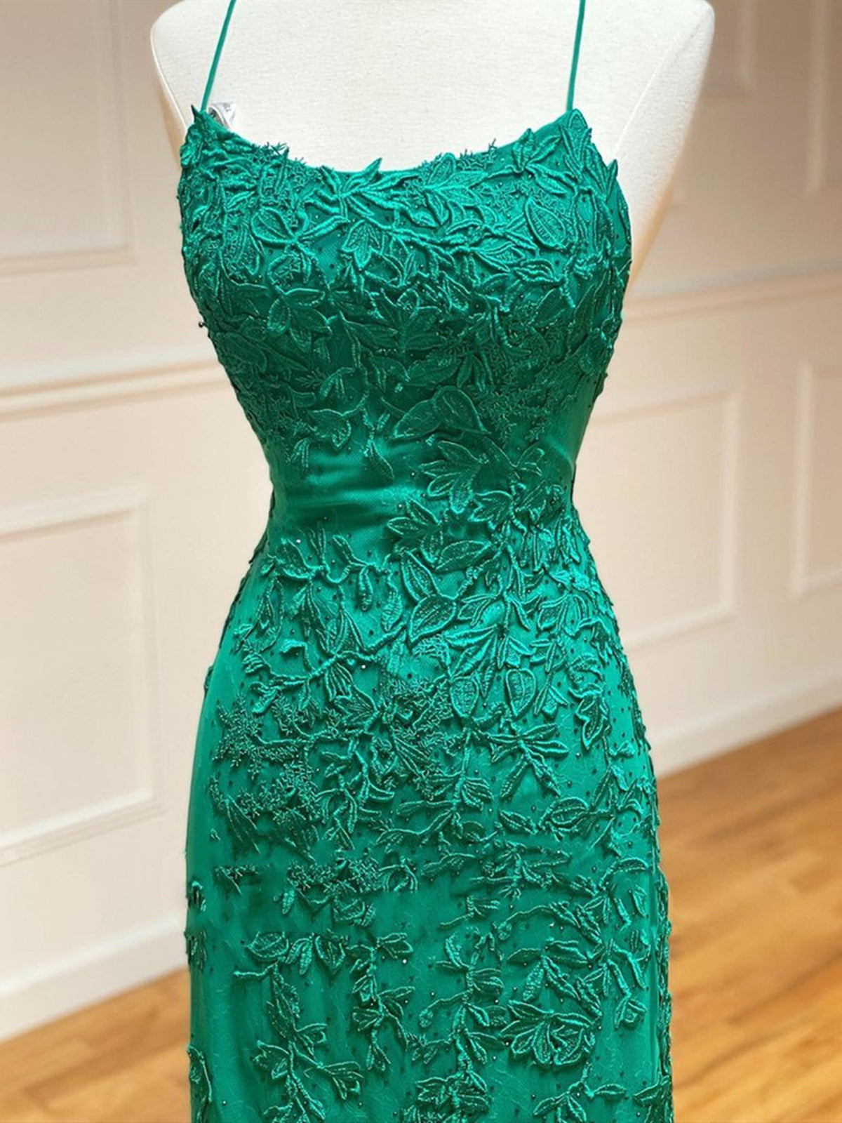 Long Mermaid Strapless Tulle Open Back Lace Formal Prom Dresses - View 3 | VelvetHem