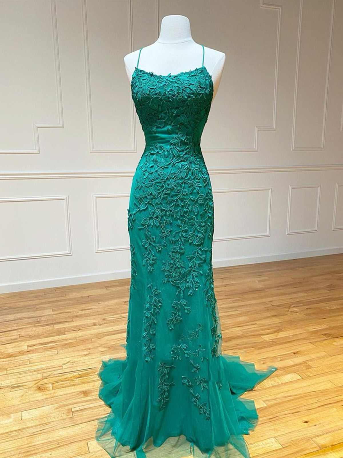 Long Mermaid Strapless Tulle Open Back Lace Formal Prom Dresses - VelvetHem