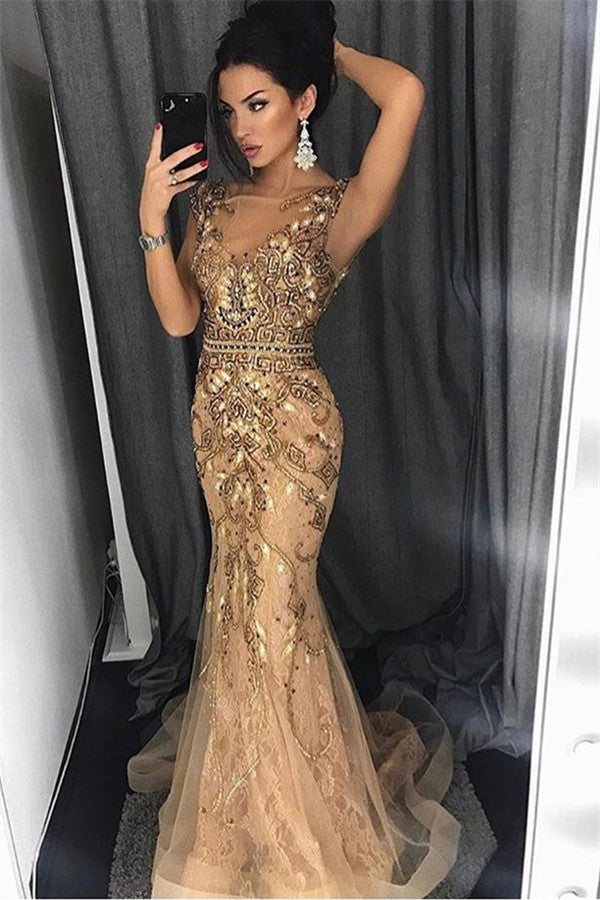Long Mermaid Straps Beading Tulle Prom Dress - VelvetHem