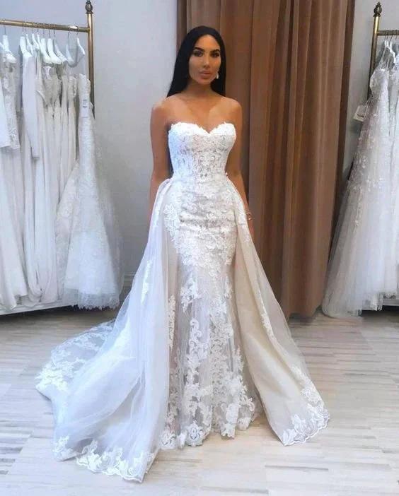 Long Mermaid Sweetheart Appliques Lace Tulle Wedding Dress (ZD15065)