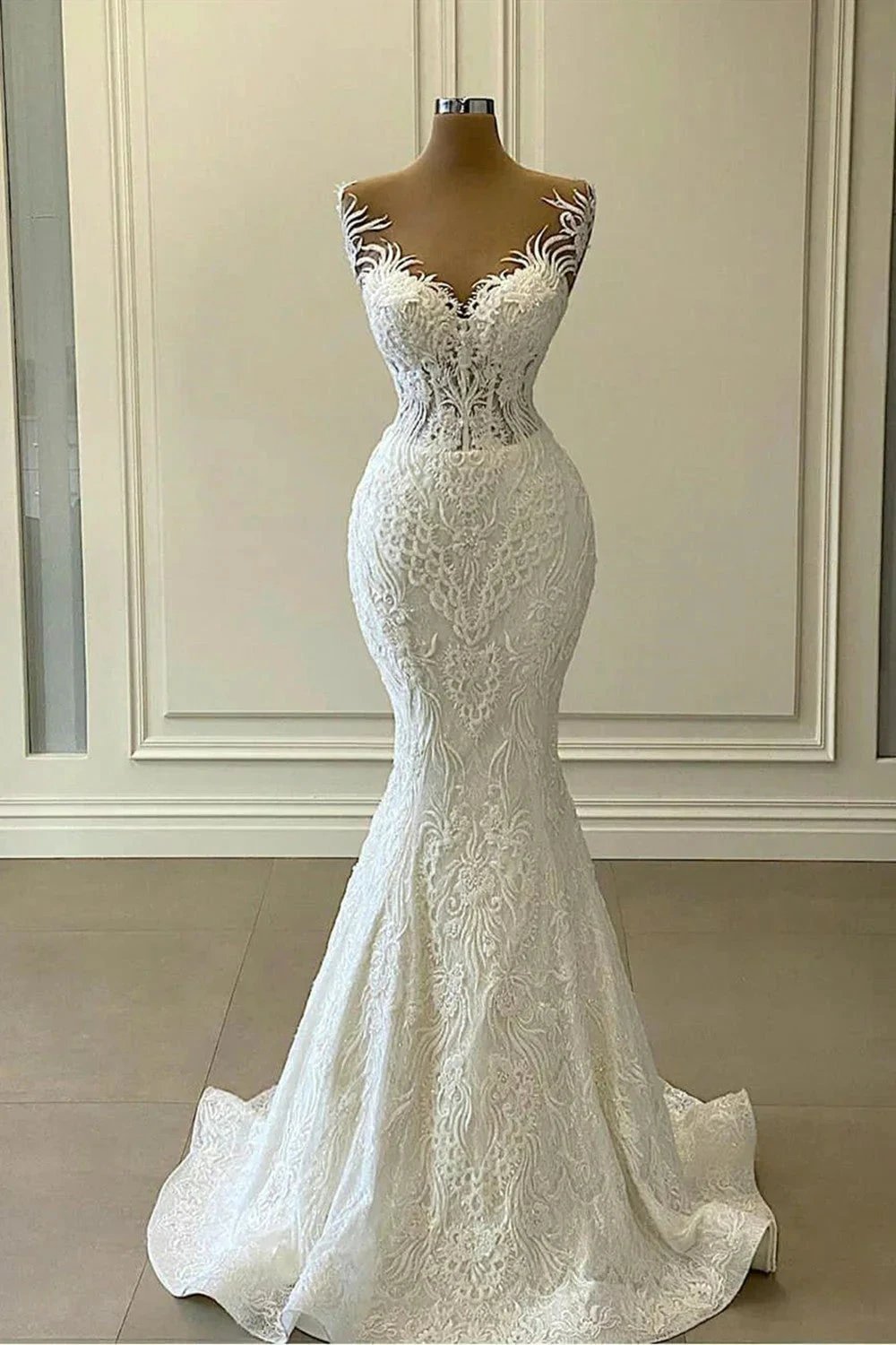 Long Mermaid Sweetheart Appliques Lace Wedding Dress With Detachable Train (ZD15192) - View 2 | VelvetHem