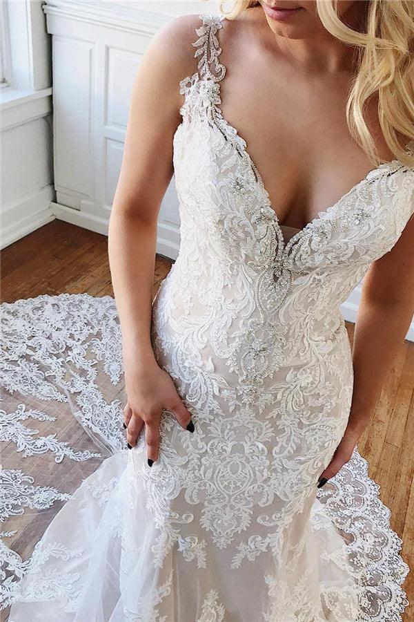 Long Mermaid Sweetheart Lace Appliques Backless Wedding Dresses (ZD14340)