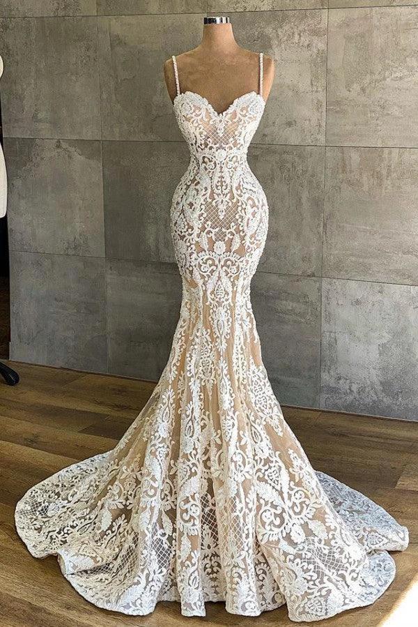 Long Mermaid Sweetheart Spaghetti Straps Appliques Lace Wedding Dress (ZD15130)