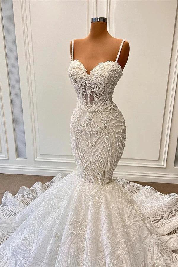 Long Mermaid Sweetheart Spaghetti Straps Tulle Beading Wedding Dress with Ruffles (ZD16704)