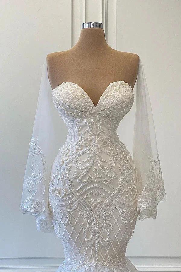 Long Mermaid Sweetheart Strapless Pearls Beadings Lace Wedding Dress with Sleeves (ZD15997)