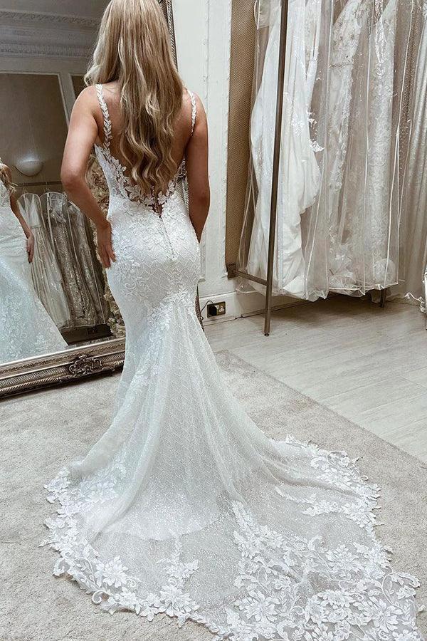 Long Mermaid Tulle Sleeveless Backless Wedding Dresses with Appliques Lace (ZD15009)