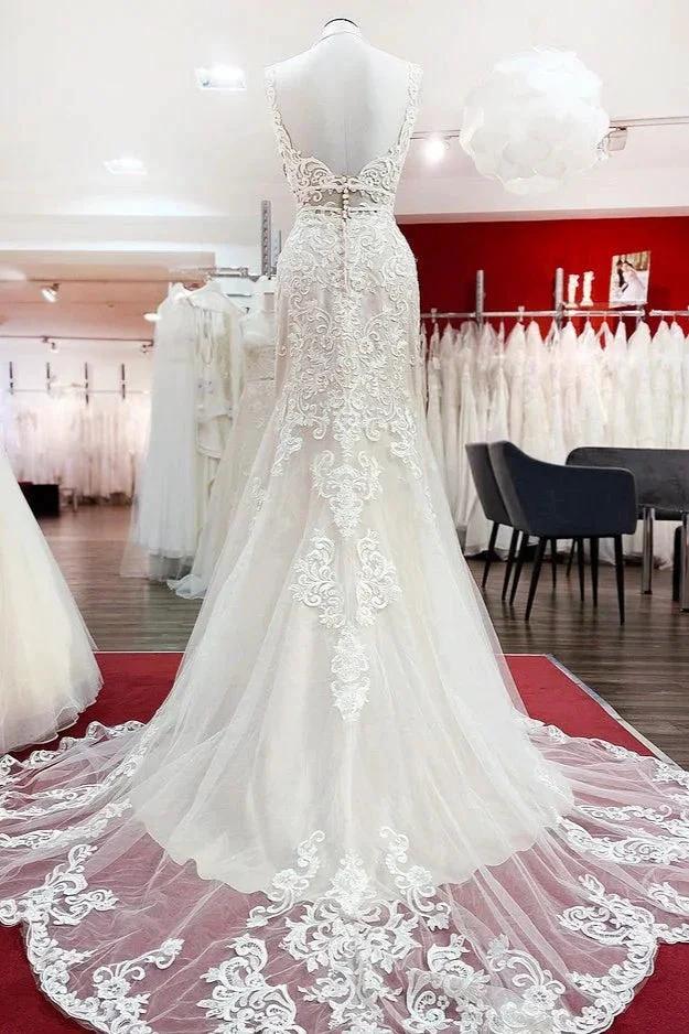 Long Mermaid Tulle Sleeveless Lace Backless Wedding Dress (ZD15255)