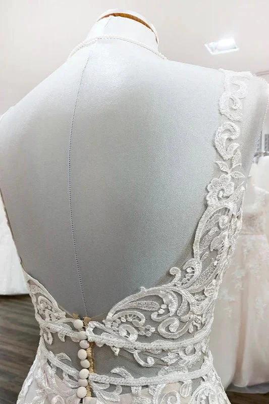 Long Mermaid Tulle Sleeveless Lace Backless Wedding Dress (ZD15255)