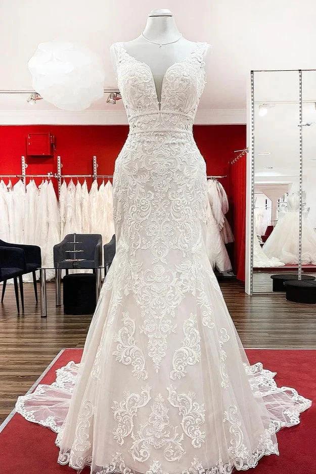Long Mermaid Tulle Sleeveless Lace Backless Wedding Dress (ZD15255)