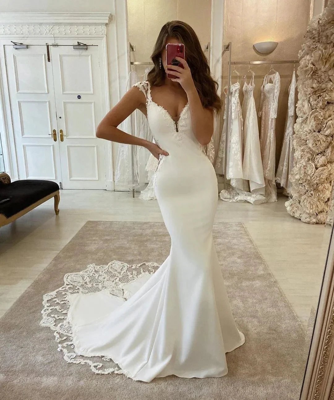 Long Mermaid V-neck Appliques Lace Satin Backless Wedding Dress (ZD14319)