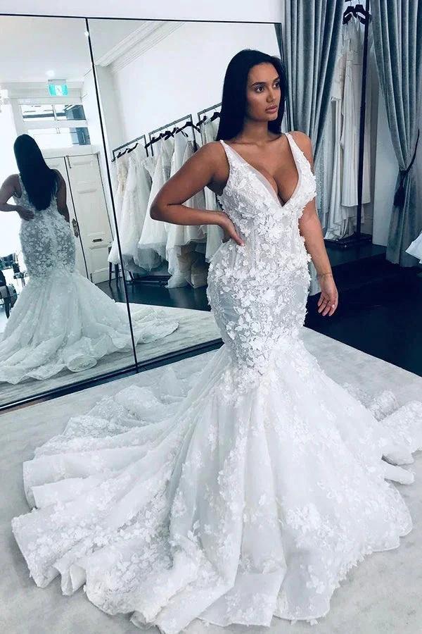 Long Mermaid V-neck Floral Beaings Straps Backless Wedding Dress (ZD15002)