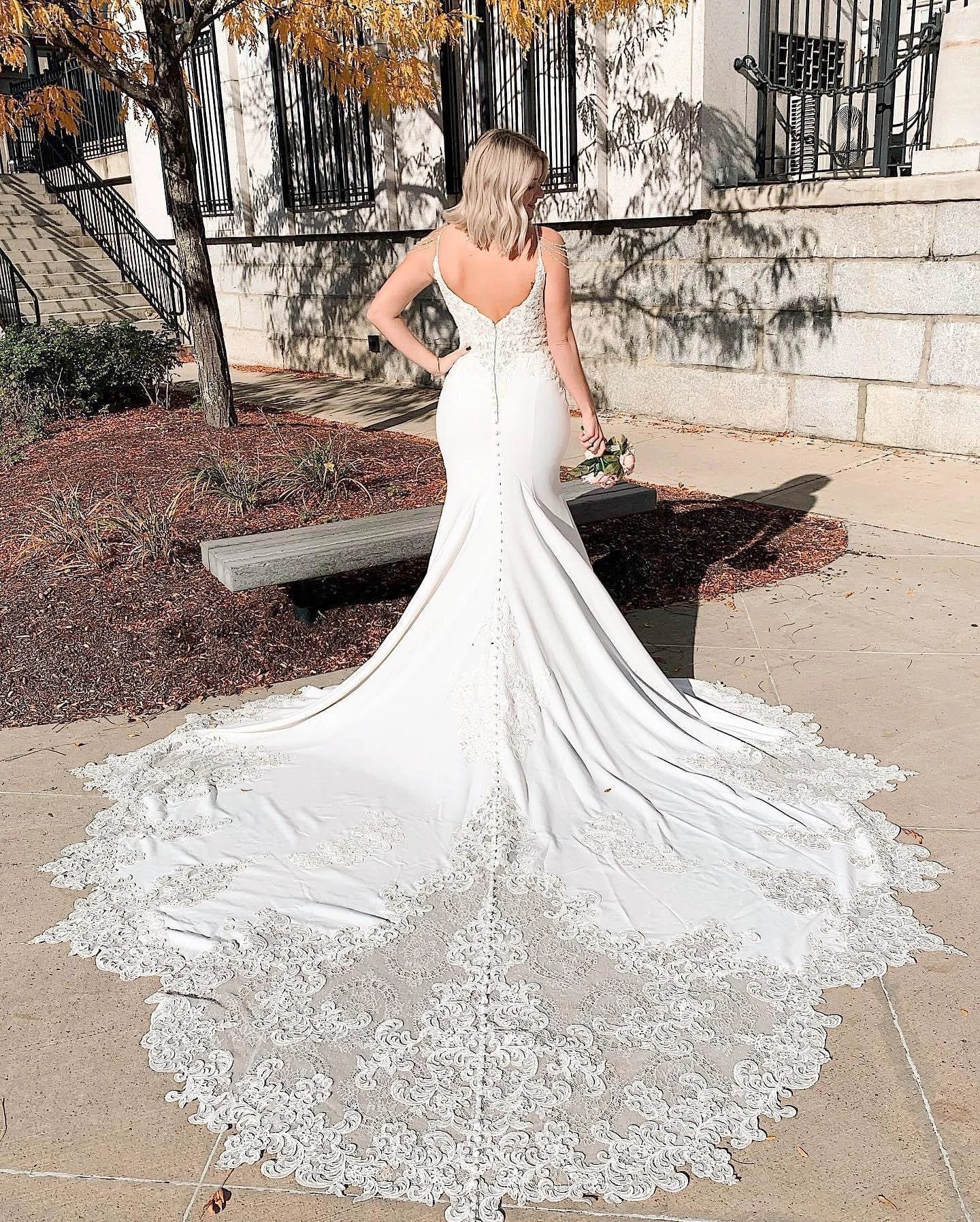 Long Mermaid V-neck Spaghetti Straps Appliques Lace Backless Wedding Dress (ZD14287)