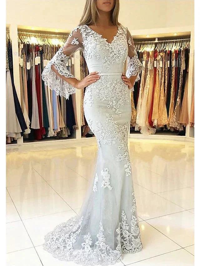 Long Mermaid V Neck Sweep Brush Train Lace Tulle Prom Dress with Sleeves (ZD15944)