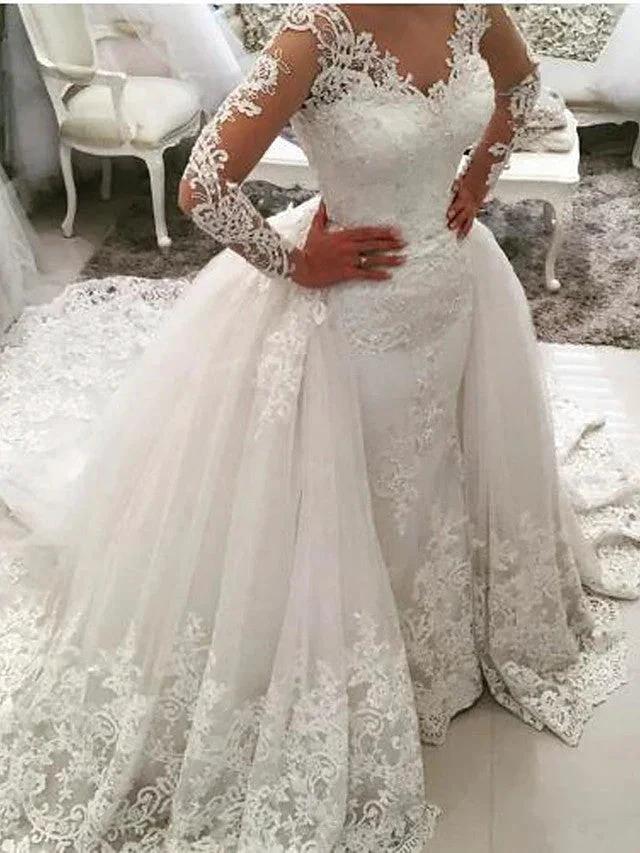 Long Mermaid V Neck Sweep Brush Train Lace Tulle Wedding Dresses with Sleeves (ZD15939)