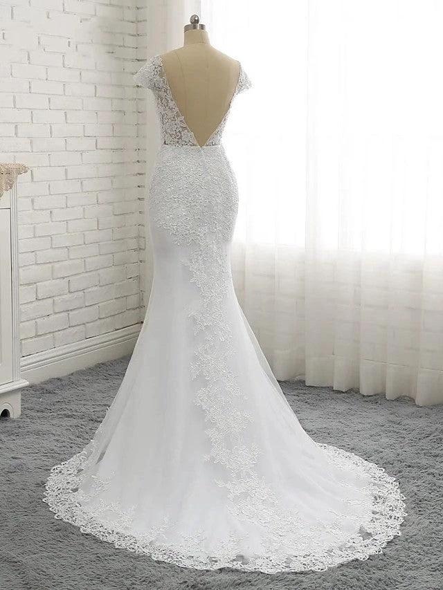 Long Mermaid V Neck Tulle Lace Backless Wedding Dresses with Cap Sleeves (ZD15967)