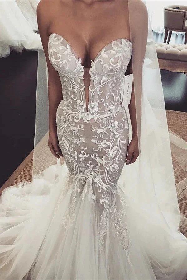 Long Mermaid V-neck Tulle Lace Wedding Dresses (ZD14464) - VelvetHem