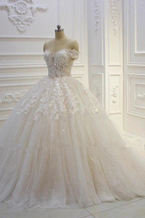 Long Off the Shoulder Sweetheart Ball Gown Sequin Appliques Lace Wedding Dress (ZD15183)