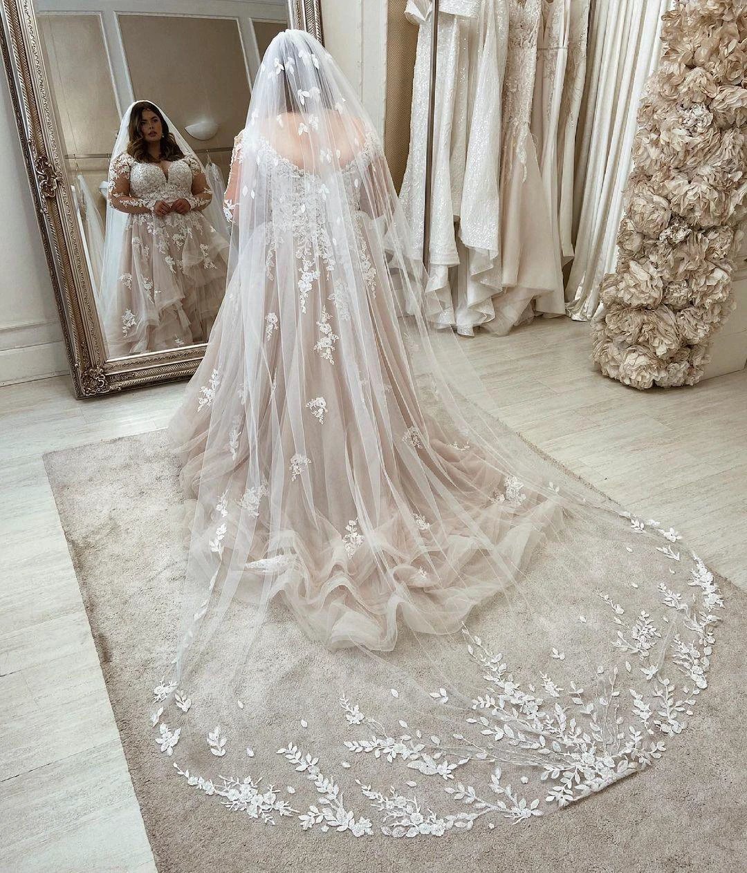 Long Plus Size A-Line Sweetheart Tulle Wedding Dresses with Lace Sleeves (ZD14435) - View 2 | VelvetHem