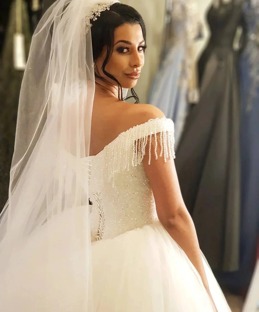 Long Princess Off-the-shoulder Beading Backless Tulle Wedding Dress With Tassel (ZD15128)