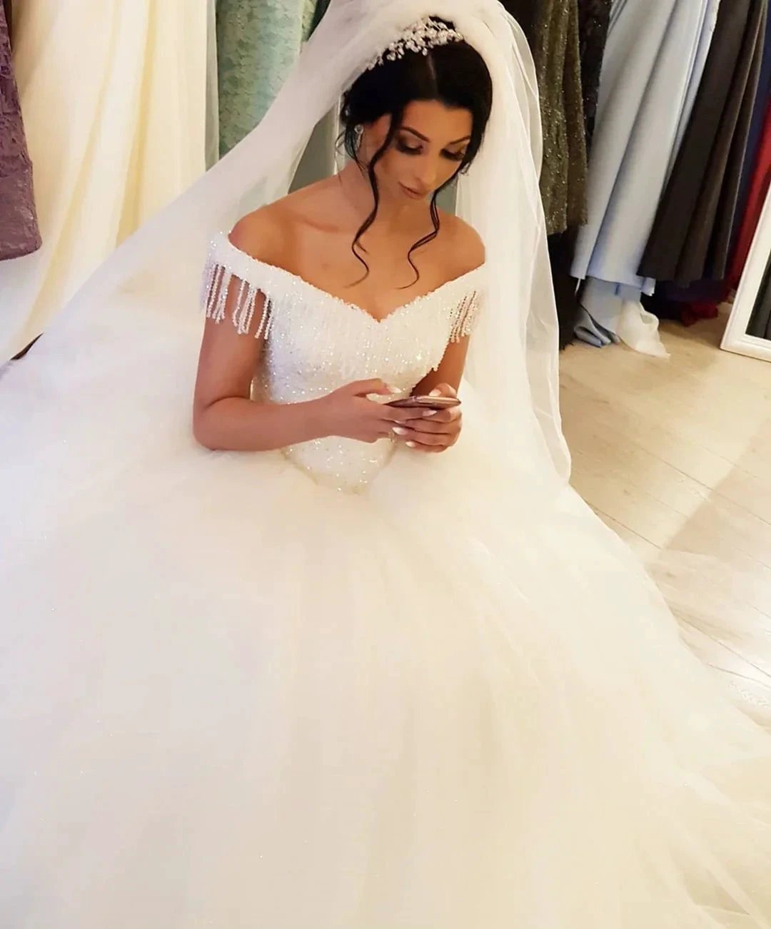 Long Princess Off-the-shoulder Beading Backless Tulle Wedding Dress With Tassel (ZD15128)