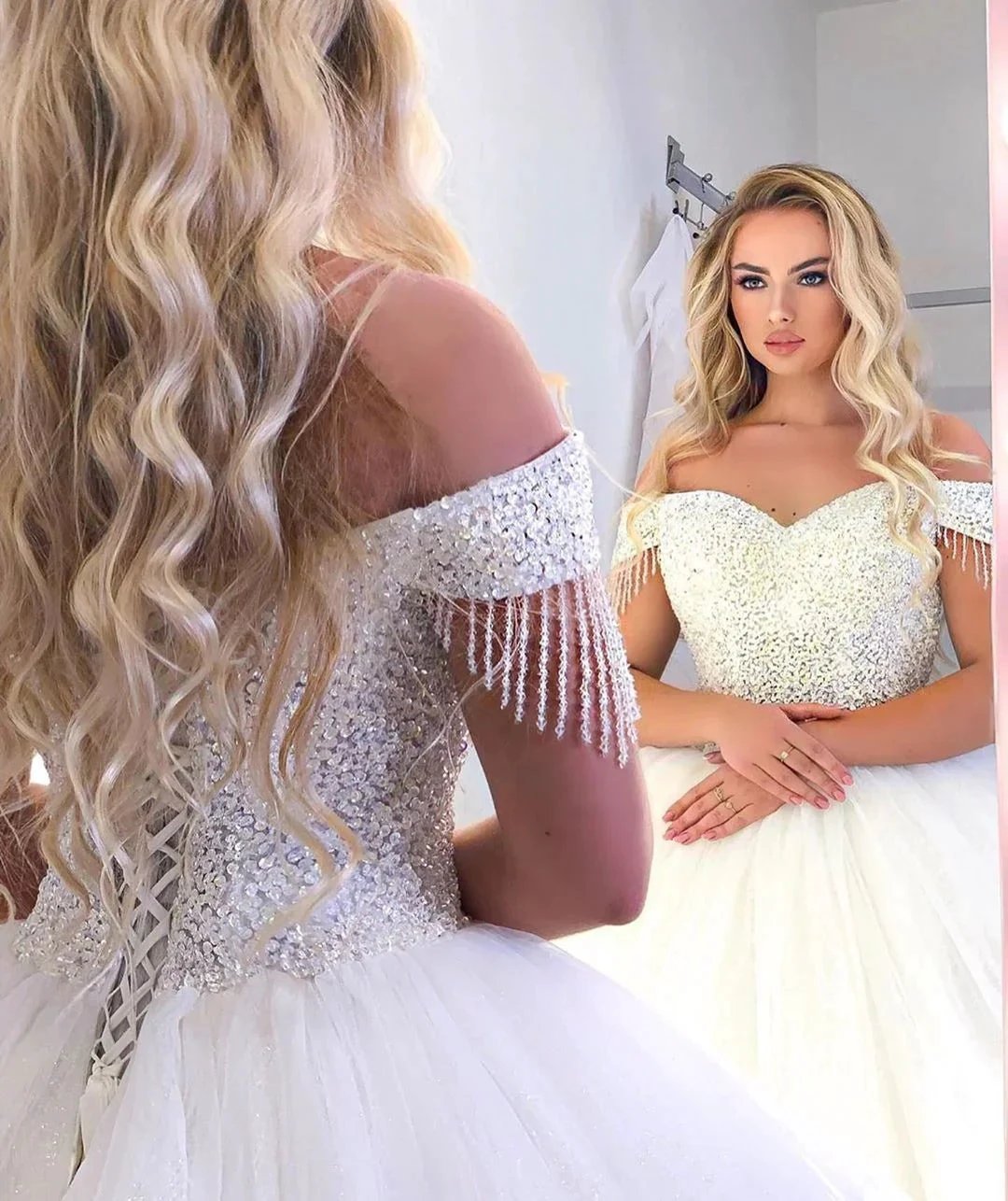 Long Princess off-the-shoulder Tulle Wedding Dress (ZD15115)
