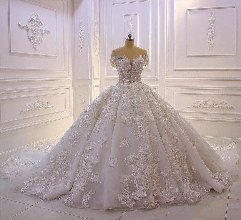Long Princess Sweetheart Off-the-Shoulder Backless Appliques Lace Ruffles Tulle Wedding Dress (ZD15111) - View 5 | VelvetHem